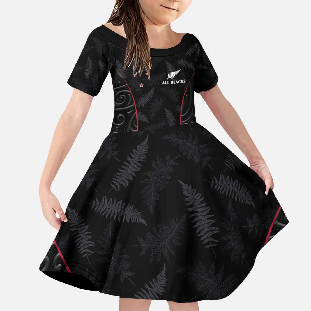 Custom New Zealand Rugby Family Matching Short Sleeve Bodycon Dress and Hawaiian Shirt Maori All Black Championship 2024 and Silver Fern LT03 Daughter's Dress Black - Polynesian Pride