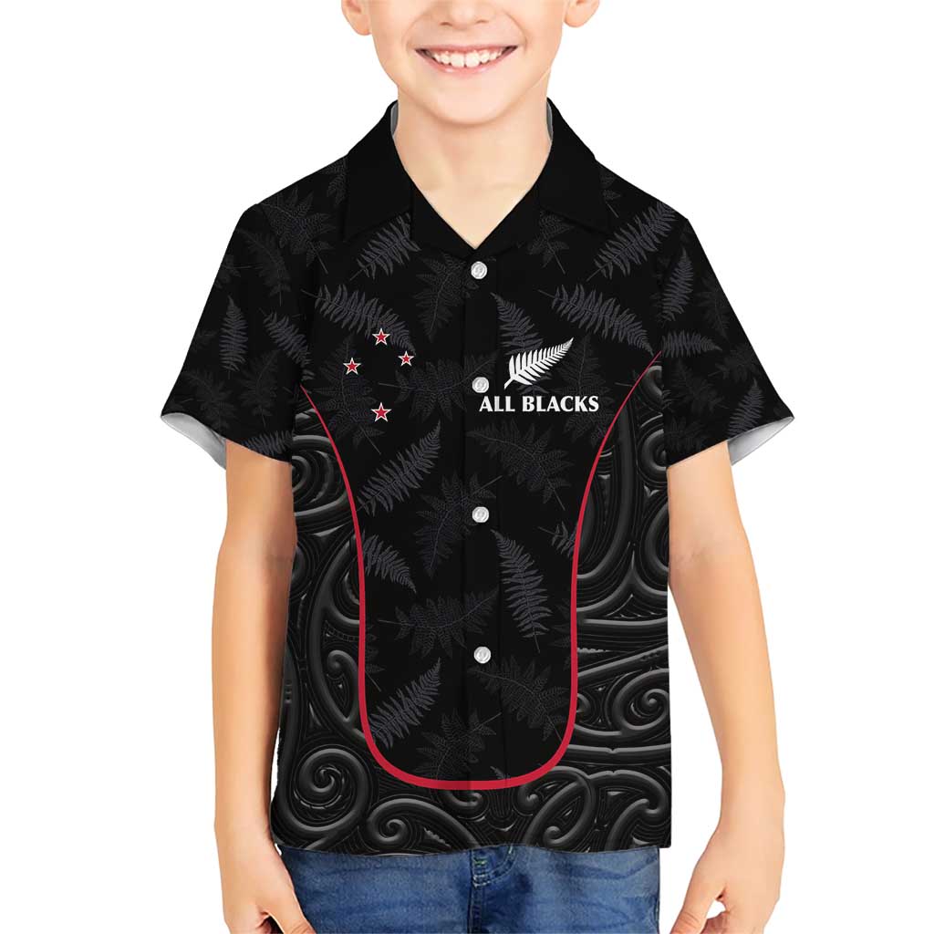 Custom New Zealand Rugby Family Matching Short Sleeve Bodycon Dress and Hawaiian Shirt Maori All Black Championship 2024 and Silver Fern LT03 Son's Shirt Black - Polynesian Pride
