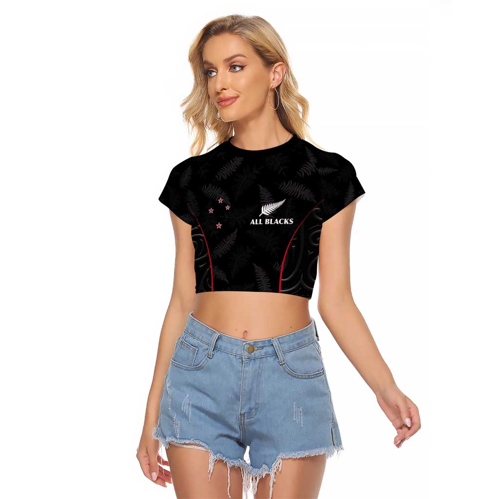 Custom New Zealand Rugby Raglan Cropped T Shirt Maori All Black Championship 2024 and Silver Fern LT03 Female Black - Polynesian Pride
