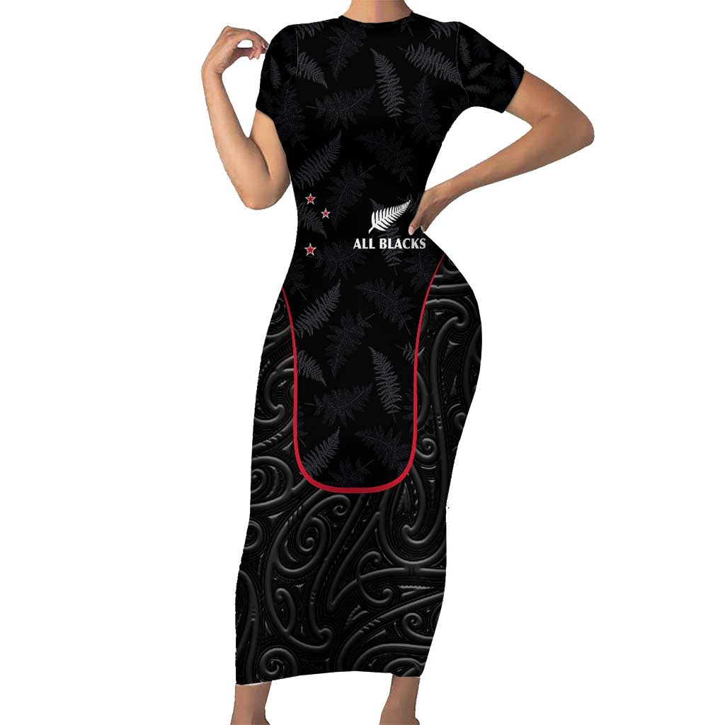 Custom New Zealand Rugby Short Sleeve Bodycon Dress Maori All Black Championship 2024 and Silver Fern LT03 Long Dress Black - Polynesian Pride