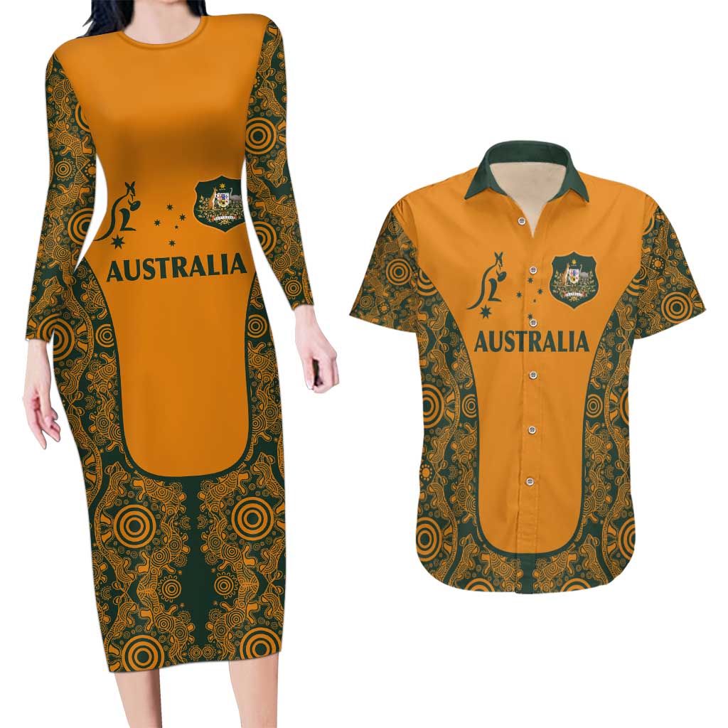 Custom Australia Rugby Championship 2024 Couples Matching Long Sleeve Bodycon Dress and Hawaiian Shirt Aboriginal Art Tattoo Pattern