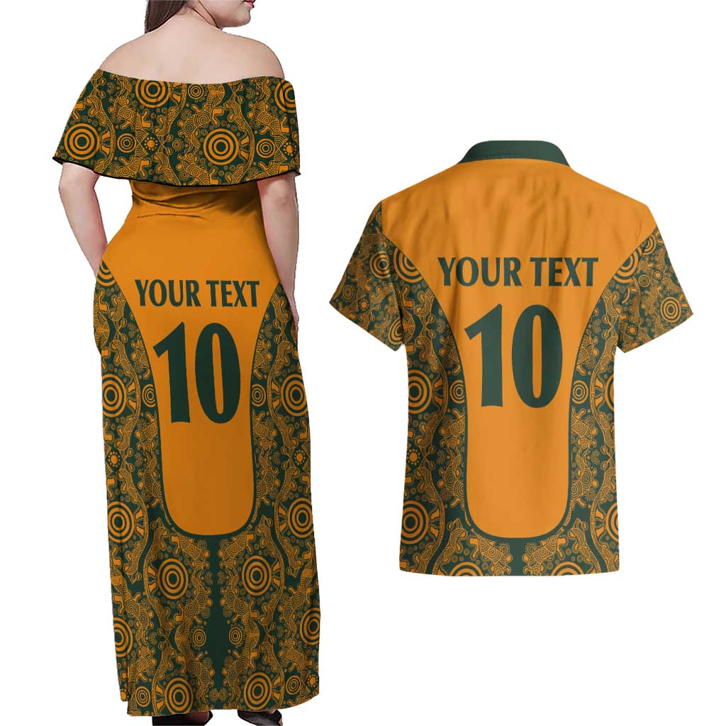 Custom Australia Rugby Championship 2024 Couples Matching Off Shoulder Maxi Dress and Hawaiian Shirt Aboriginal Art Tattoo Pattern