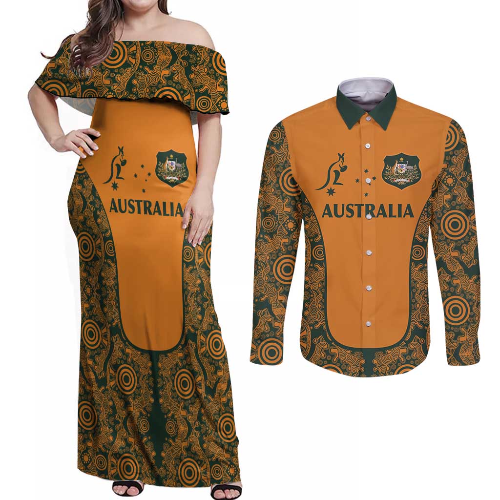 Custom Australia Rugby Championship 2024 Couples Matching Off Shoulder Maxi Dress and Long Sleeve Button Shirt Aboriginal Art Tattoo Pattern