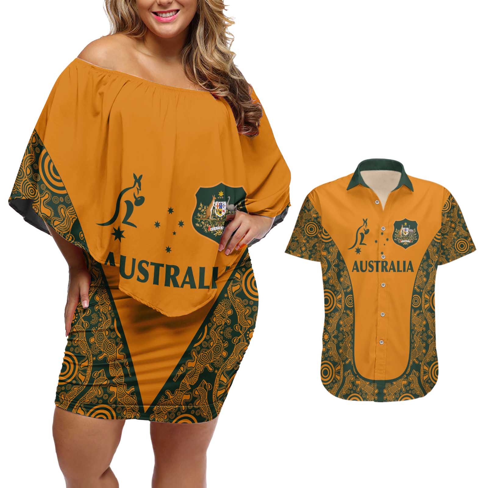 Custom Australia Rugby Championship 2024 Couples Matching Off Shoulder Short Dress and Hawaiian Shirt Aboriginal Art Tattoo Pattern