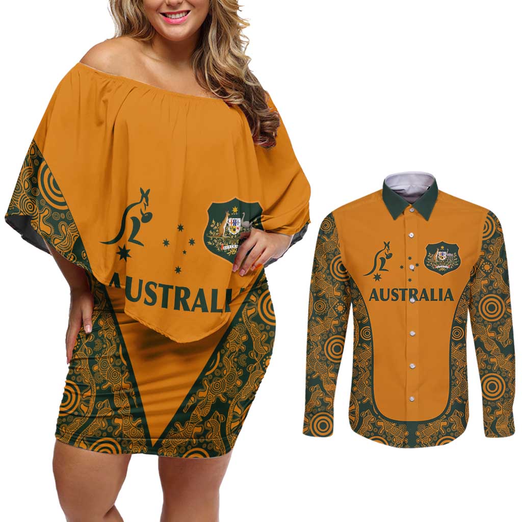 Custom Australia Rugby Championship 2024 Couples Matching Off Shoulder Short Dress and Long Sleeve Button Shirt Aboriginal Art Tattoo Pattern