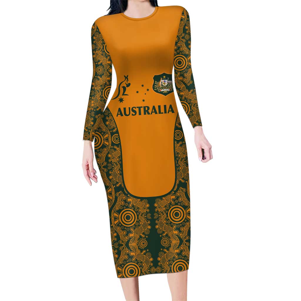 Custom Australia Rugby Championship 2024 Family Matching Long Sleeve Bodycon Dress and Hawaiian Shirt Aboriginal Art Tattoo Pattern LT03 Mom's Dress Yellow - Polynesian Pride