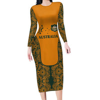 Custom Australia Rugby Championship 2024 Family Matching Long Sleeve Bodycon Dress and Hawaiian Shirt Aboriginal Art Tattoo Pattern LT03 Mom's Dress Yellow - Polynesian Pride
