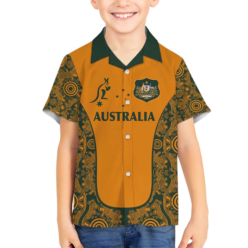 Custom Australia Rugby Championship 2024 Family Matching Long Sleeve Bodycon Dress and Hawaiian Shirt Aboriginal Art Tattoo Pattern LT03 Son's Shirt Yellow - Polynesian Pride
