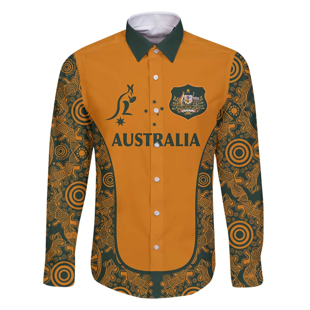 Custom Australia Rugby Championship 2024 Family Matching Mermaid Dress and Hawaiian Shirt Aboriginal Art Tattoo Pattern LT03 Dad's Shirt - Long Sleeve Yellow - Polynesian Pride