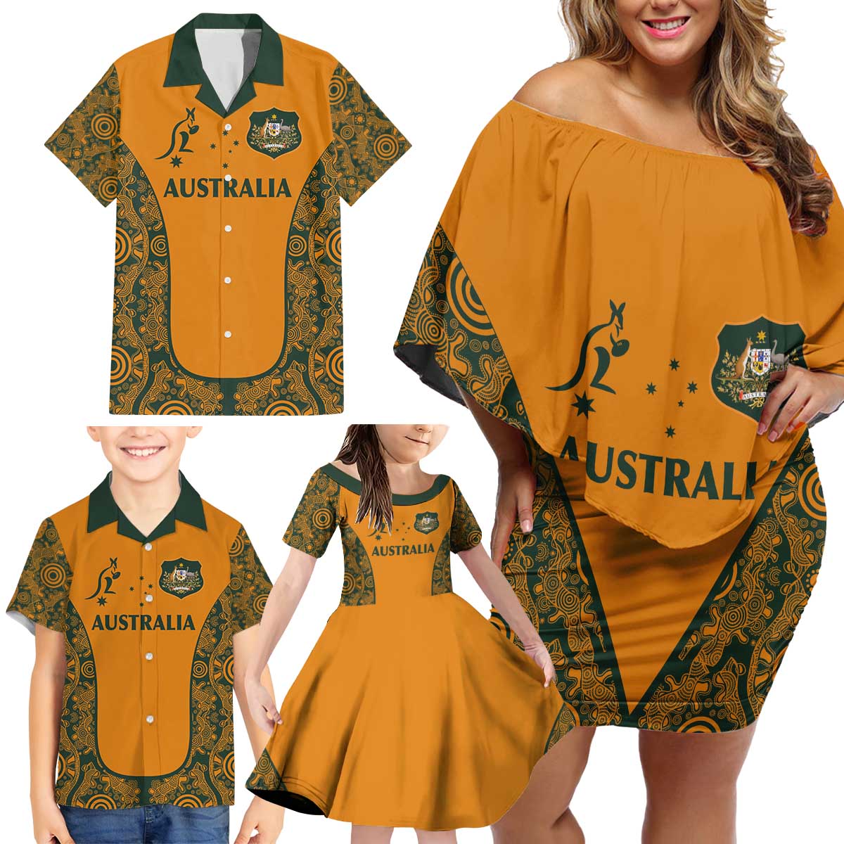 Custom Australia Rugby Championship 2024 Family Matching Off Shoulder Short Dress and Hawaiian Shirt Aboriginal Art Tattoo Pattern