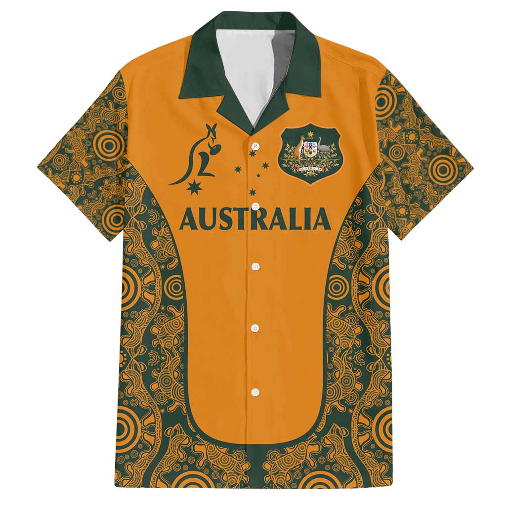 Custom Australia Rugby Championship 2024 Family Matching Short Sleeve Bodycon Dress and Hawaiian Shirt Aboriginal Art Tattoo Pattern LT03 Dad's Shirt - Short Sleeve Yellow - Polynesian Pride