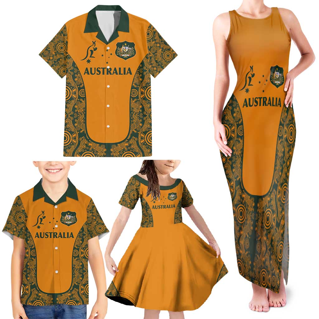 Custom Australia Rugby Championship 2024 Family Matching Tank Maxi Dress and Hawaiian Shirt Aboriginal Art Tattoo Pattern