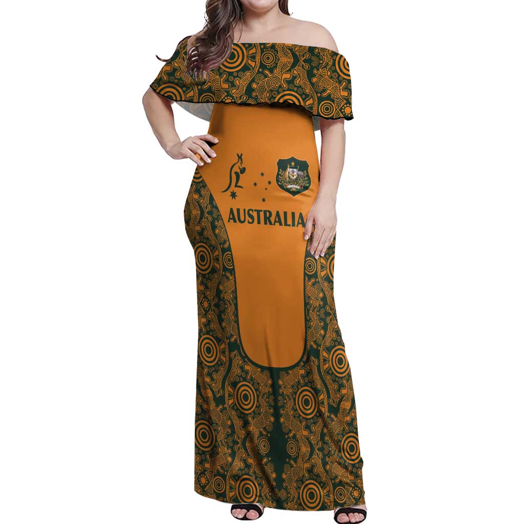 Custom Australia Rugby Championship 2024 Off Shoulder Maxi Dress Aboriginal Art Tattoo Pattern