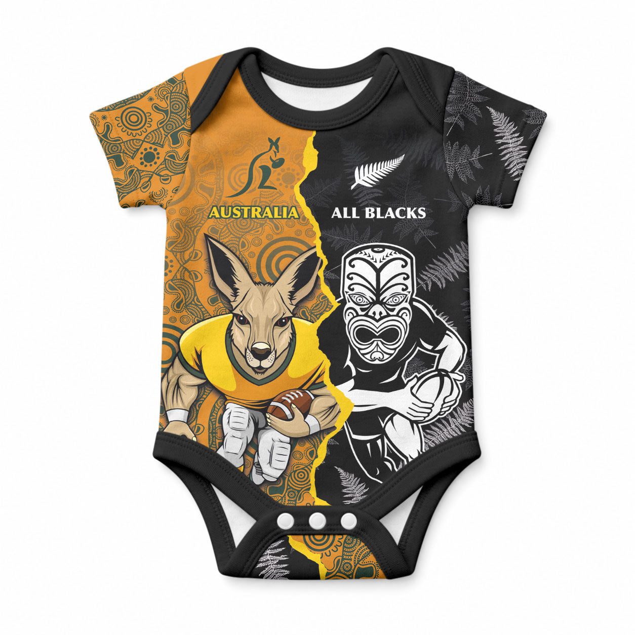 Custom New Zealand and Australia Rugby Championship 2024 Baby Onesie Maori Warrior and Kangaroo Mascot with Fern Aboriginal LT03 Black - Polynesian Pride