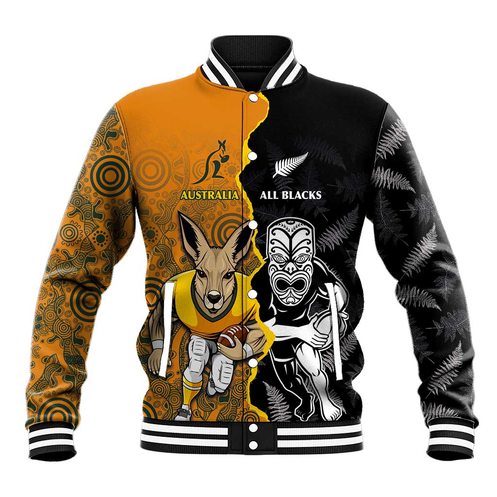 Custom New Zealand and Australia Rugby Championship 2024 Baseball Jacket Maori Warrior and Kangaroo Mascot with Fern Aboriginal LT03 Unisex Black - Polynesian Pride