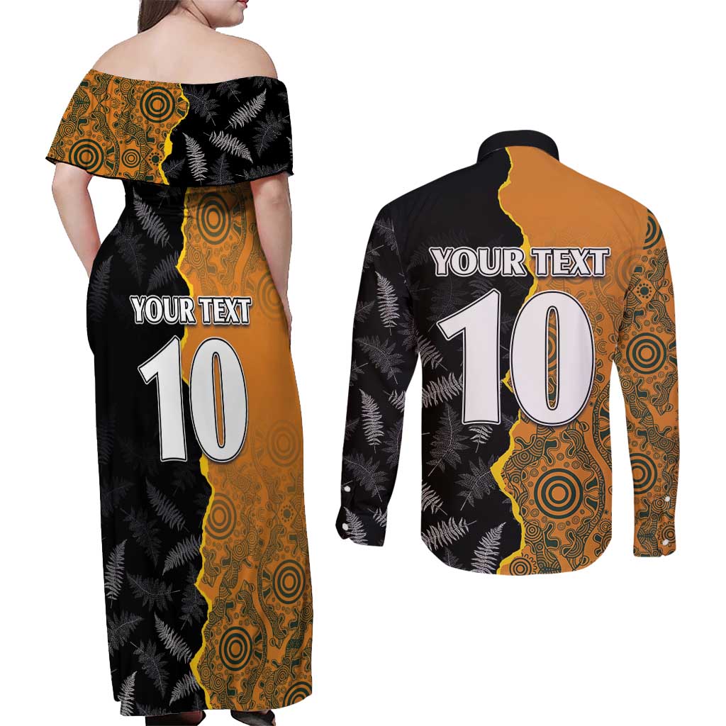 Custom New Zealand and Australia Rugby Championship 2024 Couples Matching Off Shoulder Maxi Dress and Long Sleeve Button Shirt Maori Warrior and Kangaroo Mascot with Fern Aboriginal LT03 - Polynesian Pride