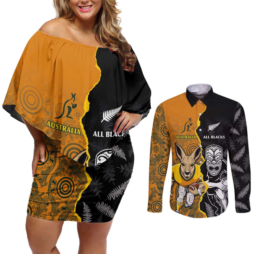 Custom New Zealand and Australia Rugby Championship 2024 Couples Matching Off Shoulder Short Dress and Long Sleeve Button Shirt Maori Warrior and Kangaroo Mascot with Fern Aboriginal