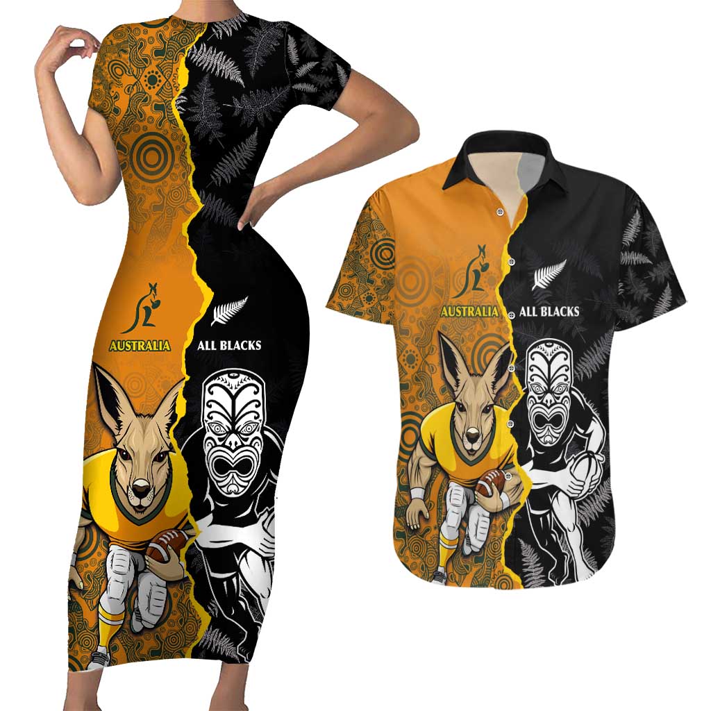 Custom New Zealand and Australia Rugby Championship 2024 Couples Matching Short Sleeve Bodycon Dress and Hawaiian Shirt Maori Warrior and Kangaroo Mascot with Fern Aboriginal