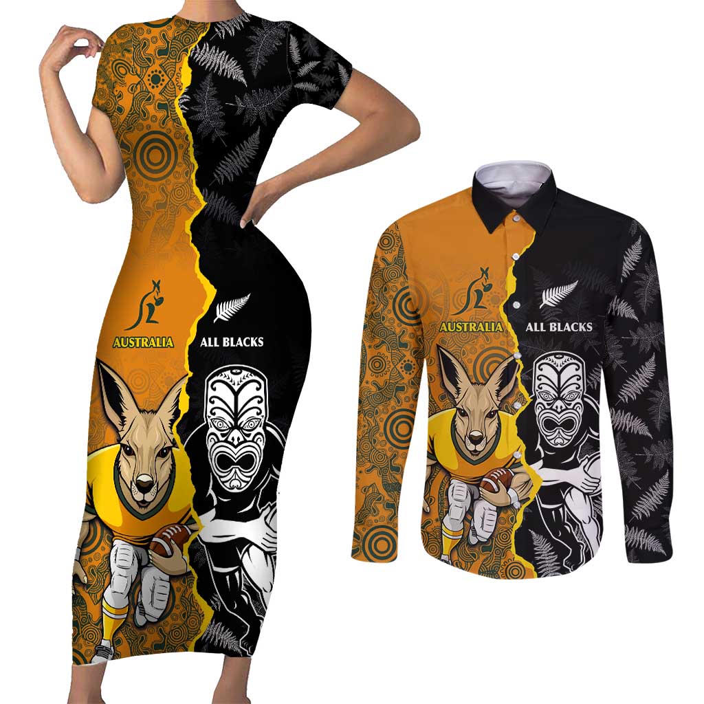 Custom New Zealand and Australia Rugby Championship 2024 Couples Matching Short Sleeve Bodycon Dress and Long Sleeve Button Shirt Maori Warrior and Kangaroo Mascot with Fern Aboriginal LT03 Black - Polynesian Pride
