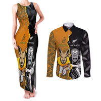 Custom New Zealand and Australia Rugby Championship 2024 Couples Matching Tank Maxi Dress and Long Sleeve Button Shirt Maori Warrior and Kangaroo Mascot with Fern Aboriginal LT03 Black - Polynesian Pride