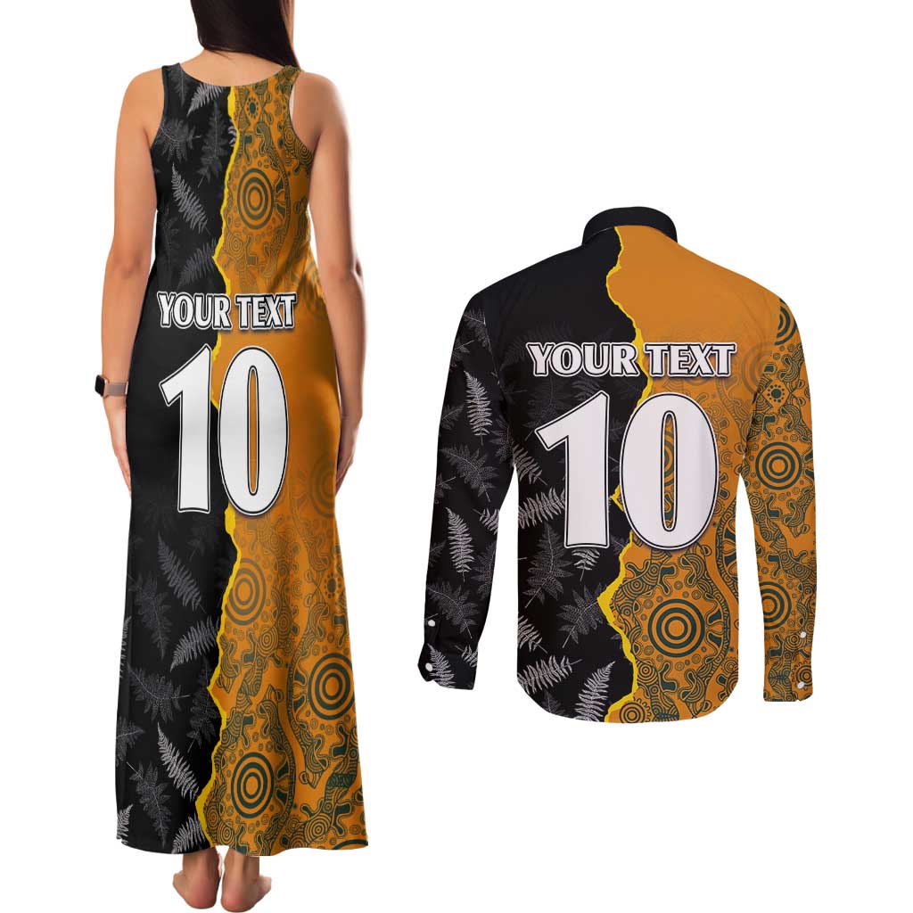 Custom New Zealand and Australia Rugby Championship 2024 Couples Matching Tank Maxi Dress and Long Sleeve Button Shirt Maori Warrior and Kangaroo Mascot with Fern Aboriginal LT03 - Polynesian Pride