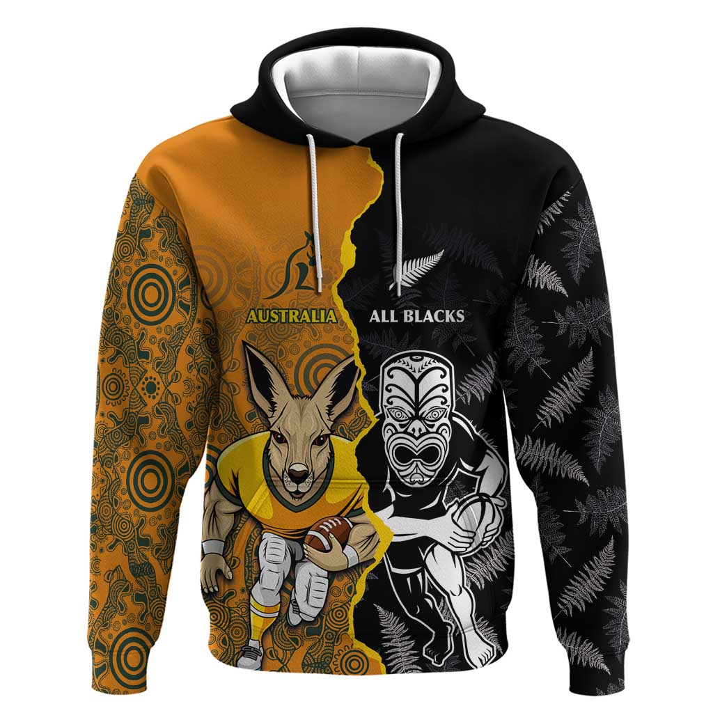 Custom New Zealand and Australia Rugby Championship 2024 Hoodie Maori Warrior and Kangaroo Mascot with Fern Aboriginal