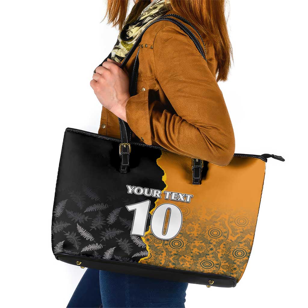 Custom New Zealand and Australia Rugby Championship 2024 Leather Tote Bag Maori Warrior and Kangaroo Mascot with Fern Aboriginal LT03 Black - Polynesian Pride