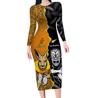 Custom New Zealand and Australia Rugby Championship 2024 Long Sleeve Bodycon Dress Maori Warrior and Kangaroo Mascot with Fern Aboriginal LT03 Long Dress Black - Polynesian Pride