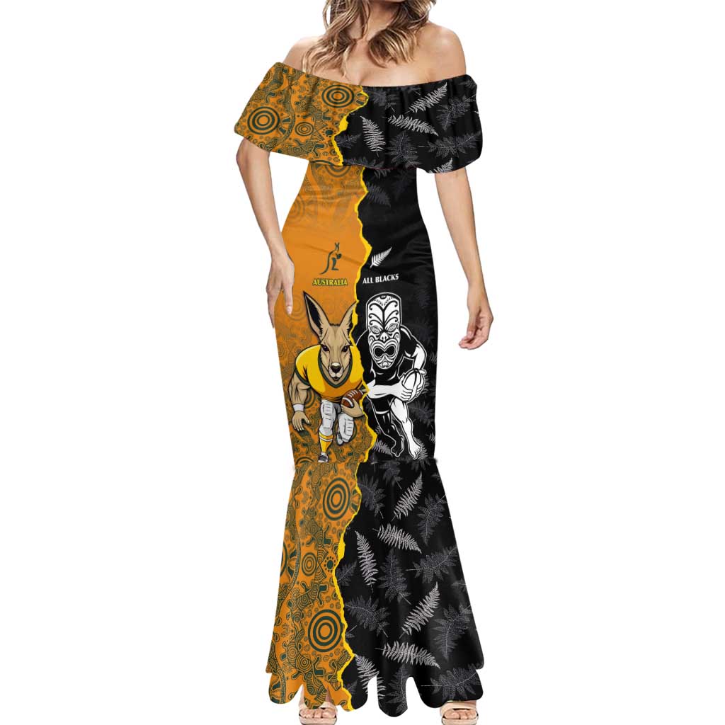 Custom New Zealand and Australia Rugby Championship 2024 Mermaid Dress Maori Warrior and Kangaroo Mascot with Fern Aboriginal LT03 - Polynesian Pride