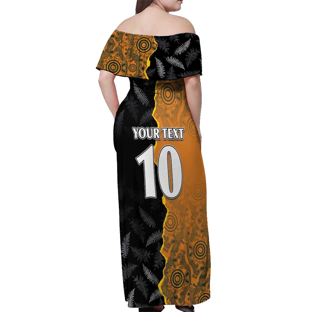 Custom New Zealand and Australia Rugby Championship 2024 Off Shoulder Maxi Dress Maori Warrior and Kangaroo Mascot with Fern Aboriginal LT03 - Polynesian Pride