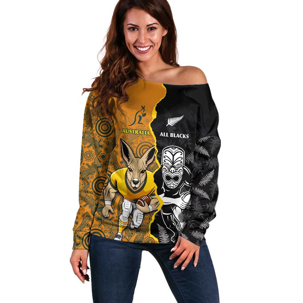 Custom New Zealand and Australia Rugby Championship 2024 Off Shoulder Sweater Maori Warrior and Kangaroo Mascot with Fern Aboriginal