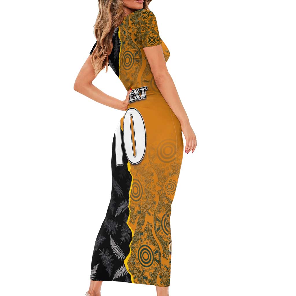 Custom New Zealand and Australia Rugby Championship 2024 Short Sleeve Bodycon Dress Maori Warrior and Kangaroo Mascot with Fern Aboriginal