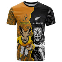 Custom New Zealand and Australia Rugby Championship 2024 T Shirt Maori Warrior and Kangaroo Mascot with Fern Aboriginal