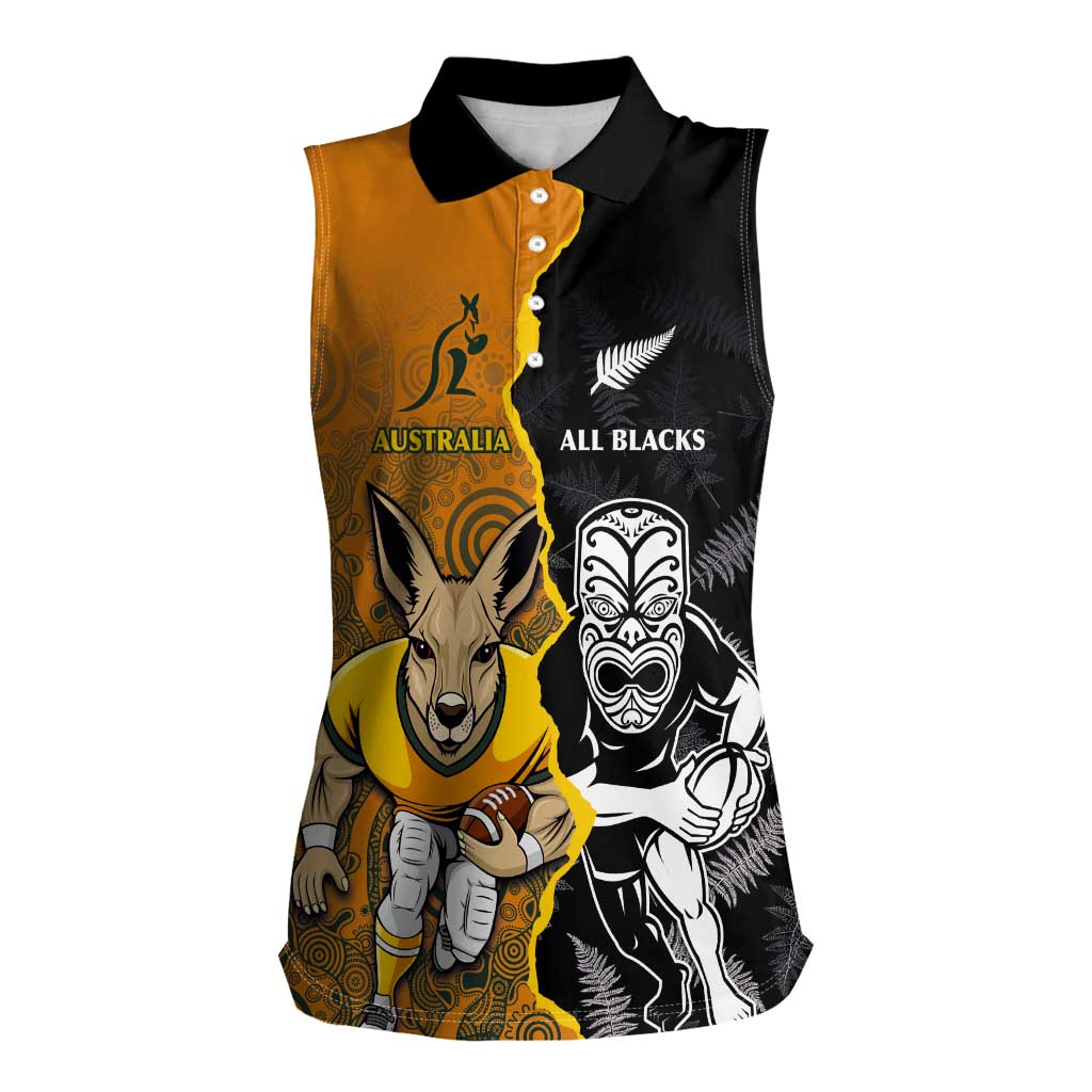 Custom New Zealand and Australia Rugby Championship 2024 Women Sleeveless Polo Shirt Maori Warrior and Kangaroo Mascot with Fern Aboriginal