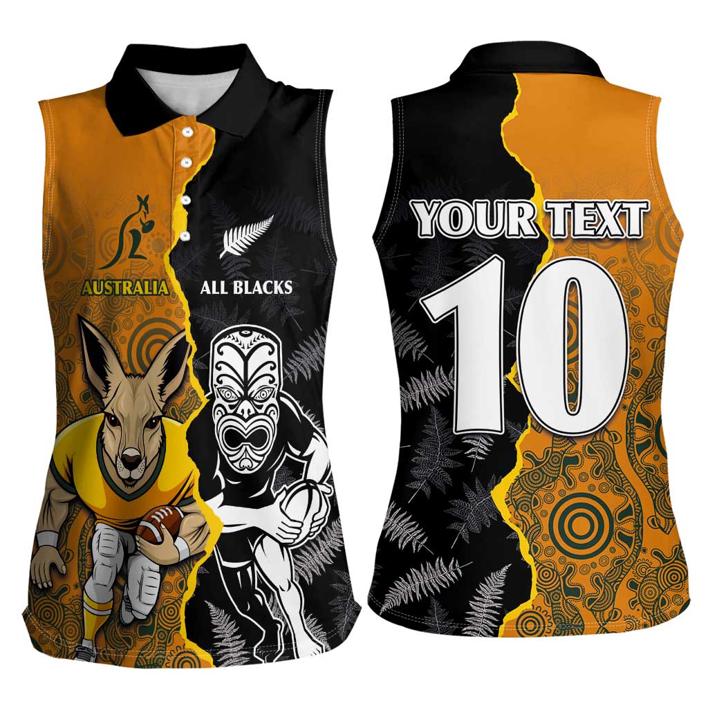 Custom New Zealand and Australia Rugby Championship 2024 Women Sleeveless Polo Shirt Maori Warrior and Kangaroo Mascot with Fern Aboriginal