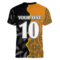 Custom New Zealand and Australia Rugby Championship 2024 Women V-Neck T-Shirt Maori Warrior and Kangaroo Mascot with Fern Aboriginal