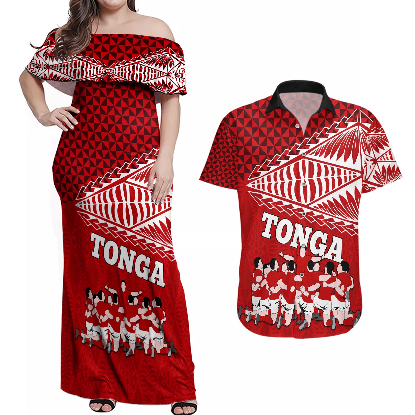 tonga-rugby-couples-matching-off-shoulder-maxi-dress-and-hawaiian-shirt-sipi-tau-dance-ngatu-pattern