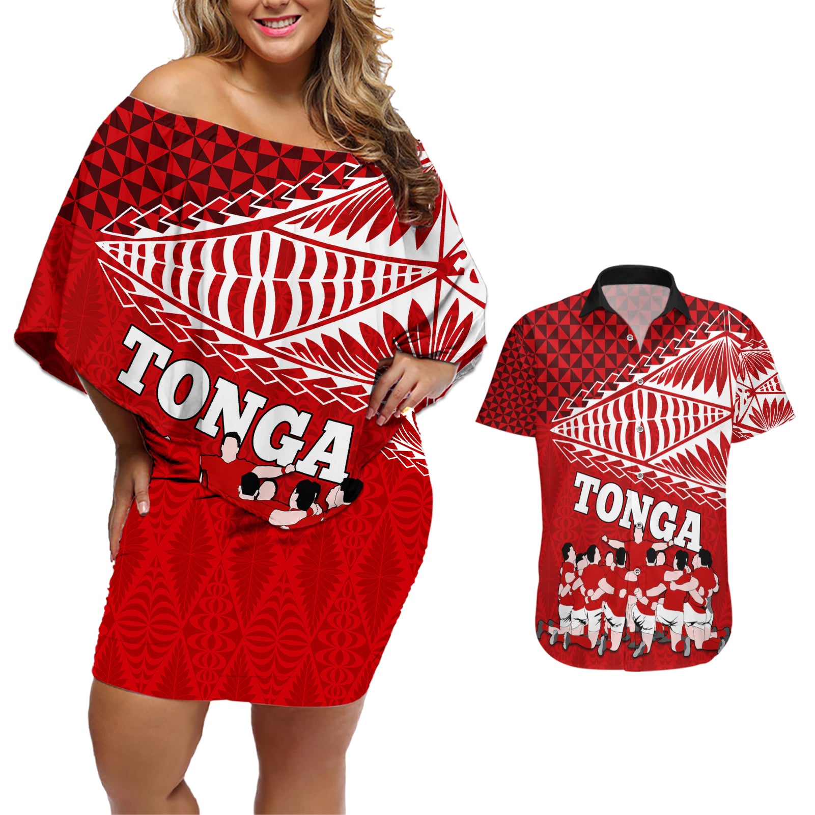 tonga-rugby-couples-matching-off-shoulder-short-dress-and-hawaiian-shirt-sipi-tau-dance-ngatu-pattern