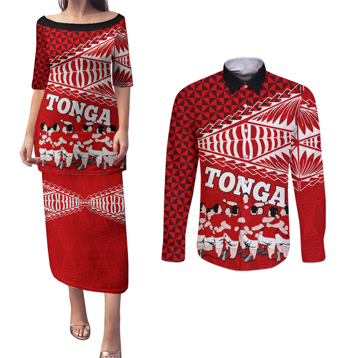 tonga-rugby-couples-matching-puletasi-dress-and-long-sleeve-button-shirts-sipi-tau-dance-ngatu-pattern