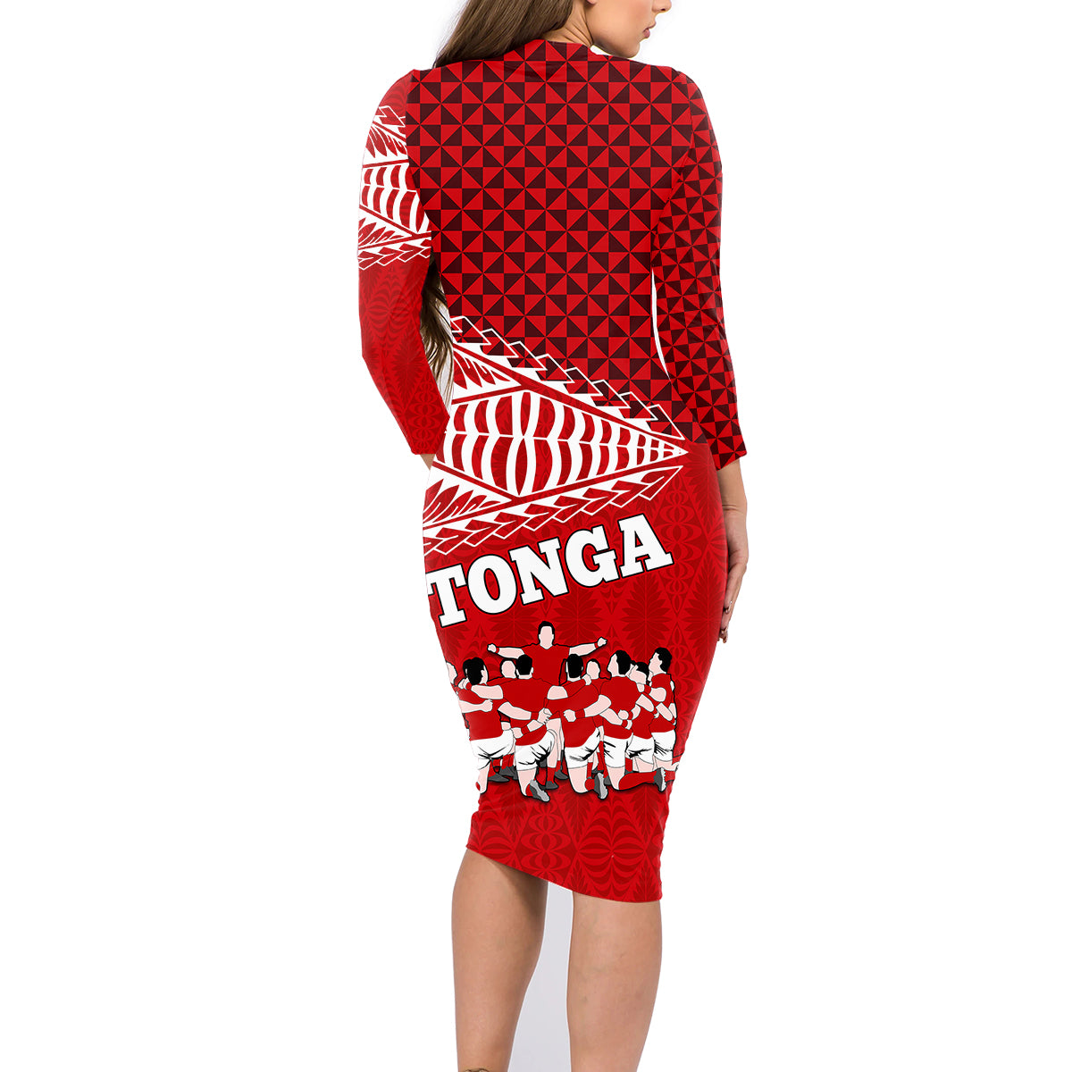 Tonga Rugby Family Matching Long Sleeve Bodycon Dress and Hawaiian Shirt Sipi Tau Dance Ngatu Pattern LT03 - Polynesian Pride