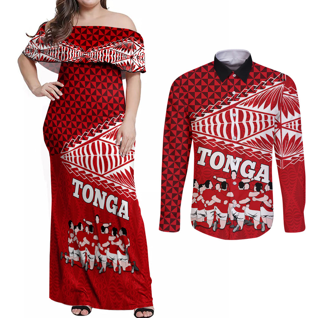 personalised-tonga-rugby-couples-matching-off-shoulder-maxi-dress-and-long-sleeve-button-shirts-sipi-tau-dance-ngatu-pattern