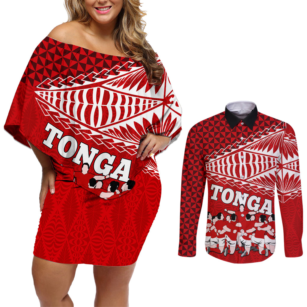 personalised-tonga-rugby-couples-matching-off-shoulder-short-dress-and-long-sleeve-button-shirts-sipi-tau-dance-ngatu-pattern