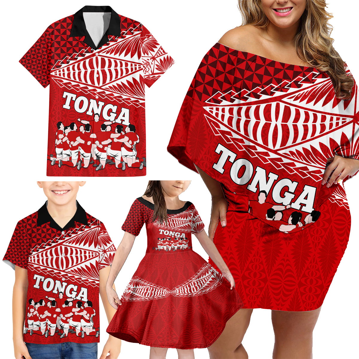 Personalised Tonga Rugby Family Matching Off Shoulder Short Dress and Hawaiian Shirt Sipi Tau Dance Ngatu Pattern LT03 - Polynesian Pride