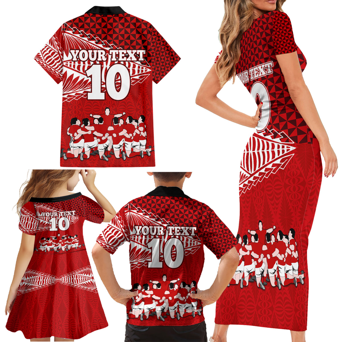 Personalised Tonga Rugby Family Matching Short Sleeve Bodycon Dress and Hawaiian Shirt Sipi Tau Dance Ngatu Pattern LT03 - Polynesian Pride