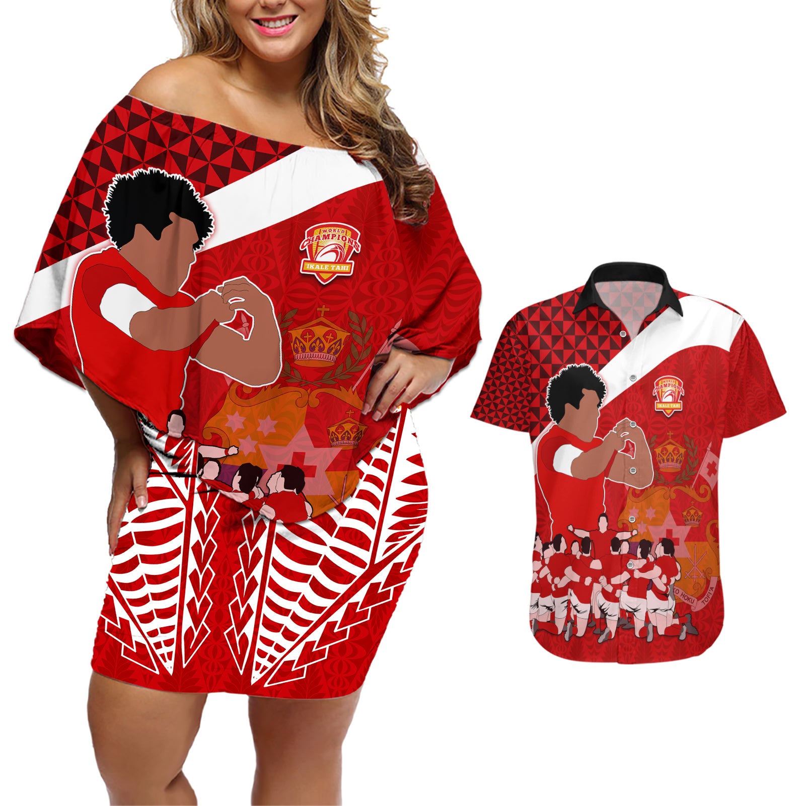 tonga-rugby-couples-matching-off-shoulder-short-dress-and-hawaiian-shirt-sipi-tau-dance-coat-of-arms-ngatu-pattern