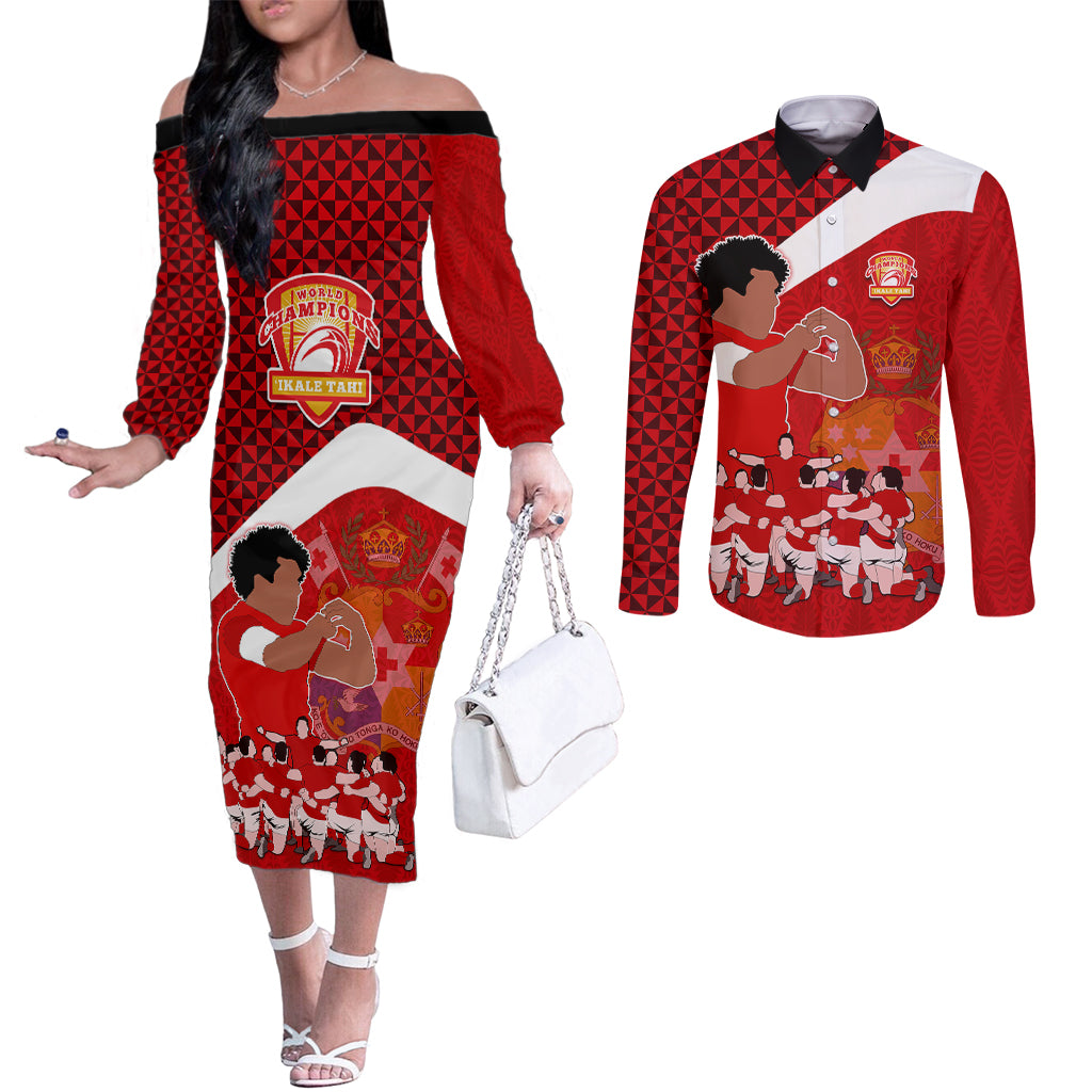 Tonga Rugby Couples Matching Off The Shoulder Long Sleeve Dress and Long Sleeve Button Shirts Sipi Tau Dance Coat of Arms Ngatu Pattern LT03 Red - Polynesian Pride