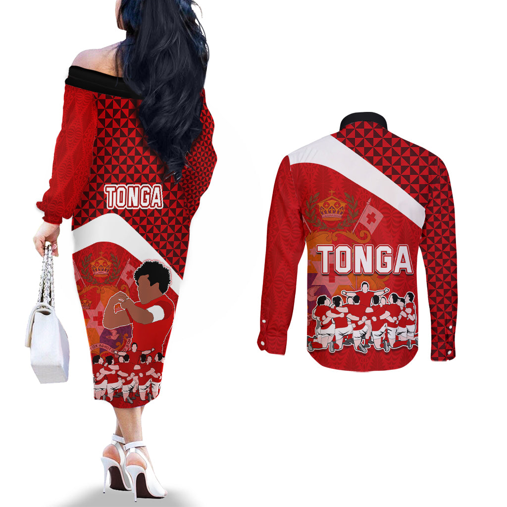 Tonga Rugby Couples Matching Off The Shoulder Long Sleeve Dress and Long Sleeve Button Shirts Sipi Tau Dance Coat of Arms Ngatu Pattern LT03 - Polynesian Pride