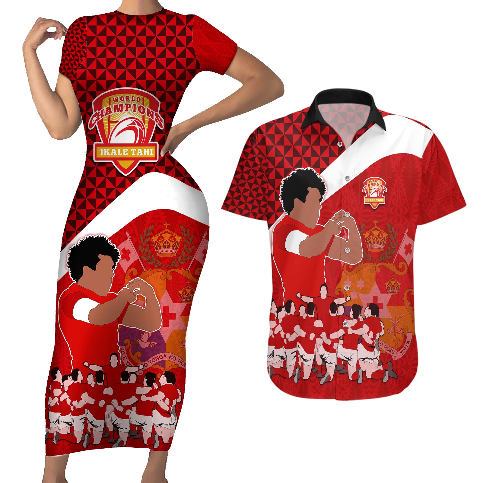 tonga-rugby-couples-matching-short-sleeve-bodycon-dress-and-hawaiian-shirt-sipi-tau-dance-coat-of-arms-ngatu-pattern