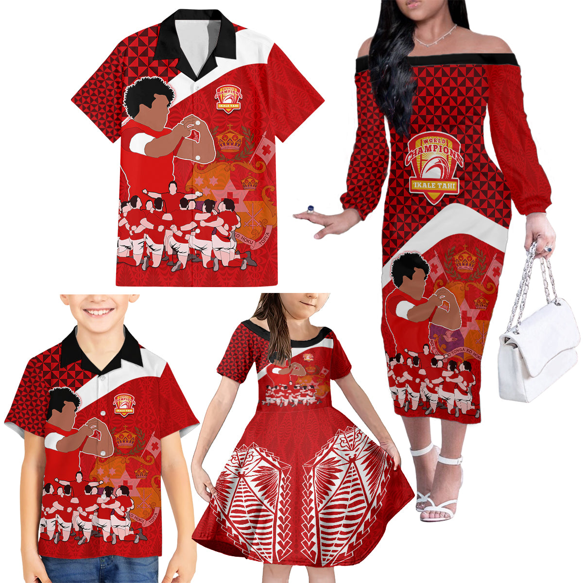 Tonga Rugby Family Matching Off Shoulder Long Sleeve Dress and Hawaiian Shirt Sipi Tau Dance Coat of Arms Ngatu Pattern LT03 - Polynesian Pride