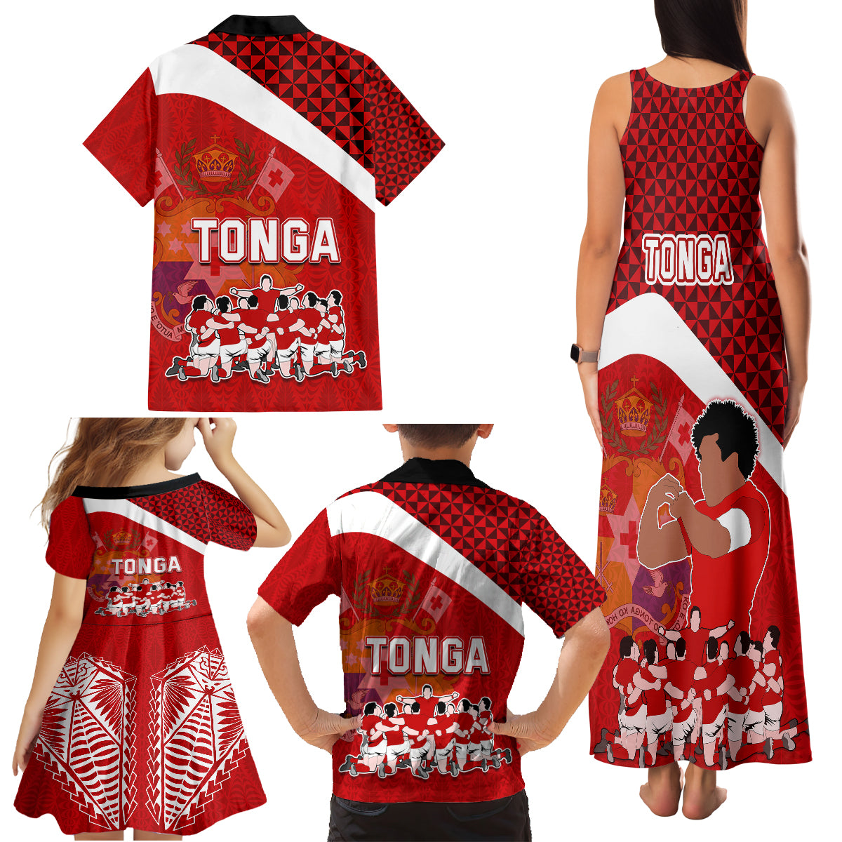 Tonga Rugby Family Matching Tank Maxi Dress and Hawaiian Shirt Sipi Tau Dance Coat of Arms Ngatu Pattern LT03 - Polynesian Pride